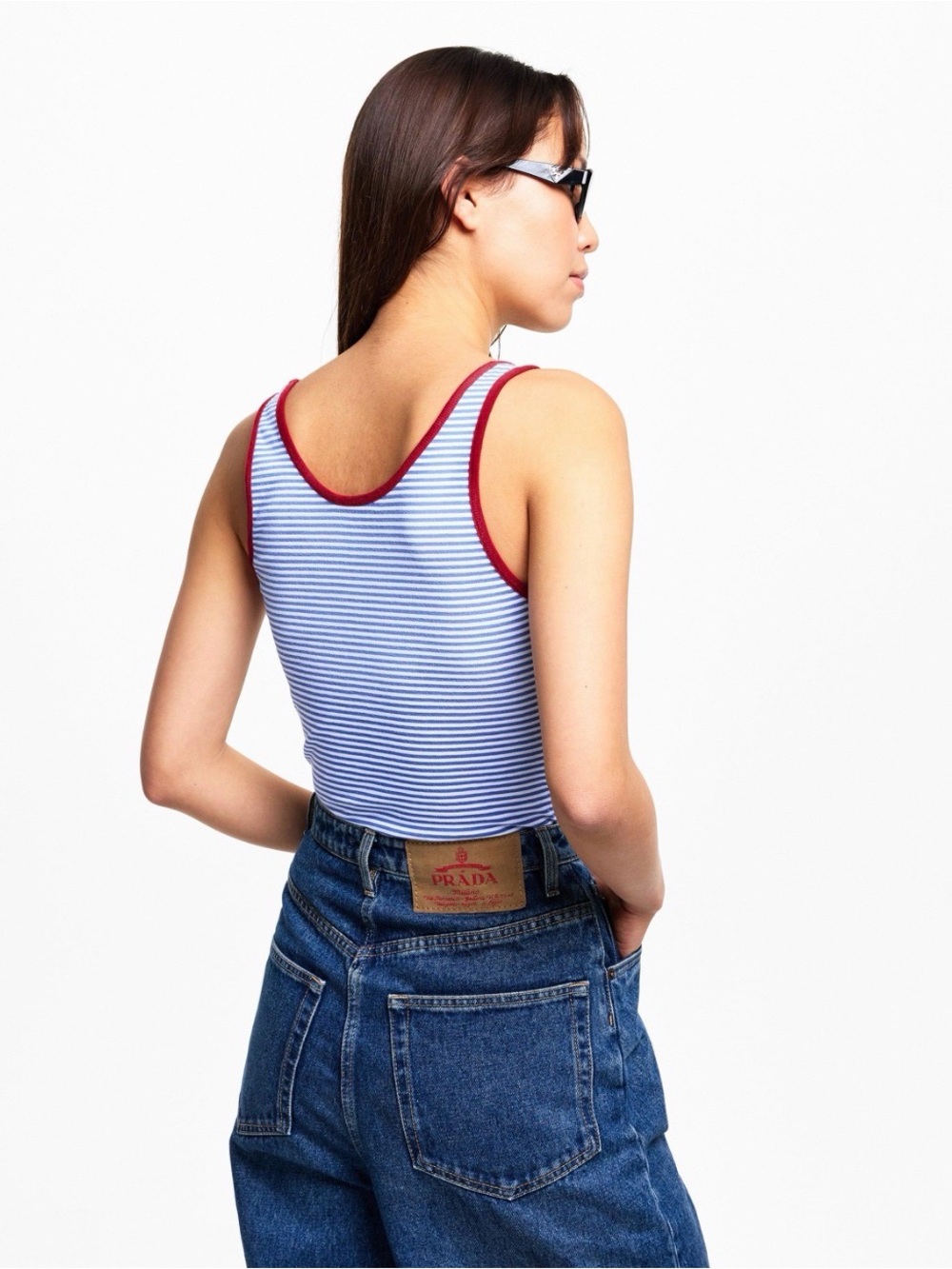 Prada Blue and White Striped Muscle Tee with Red Trim - Picture 4 of 6